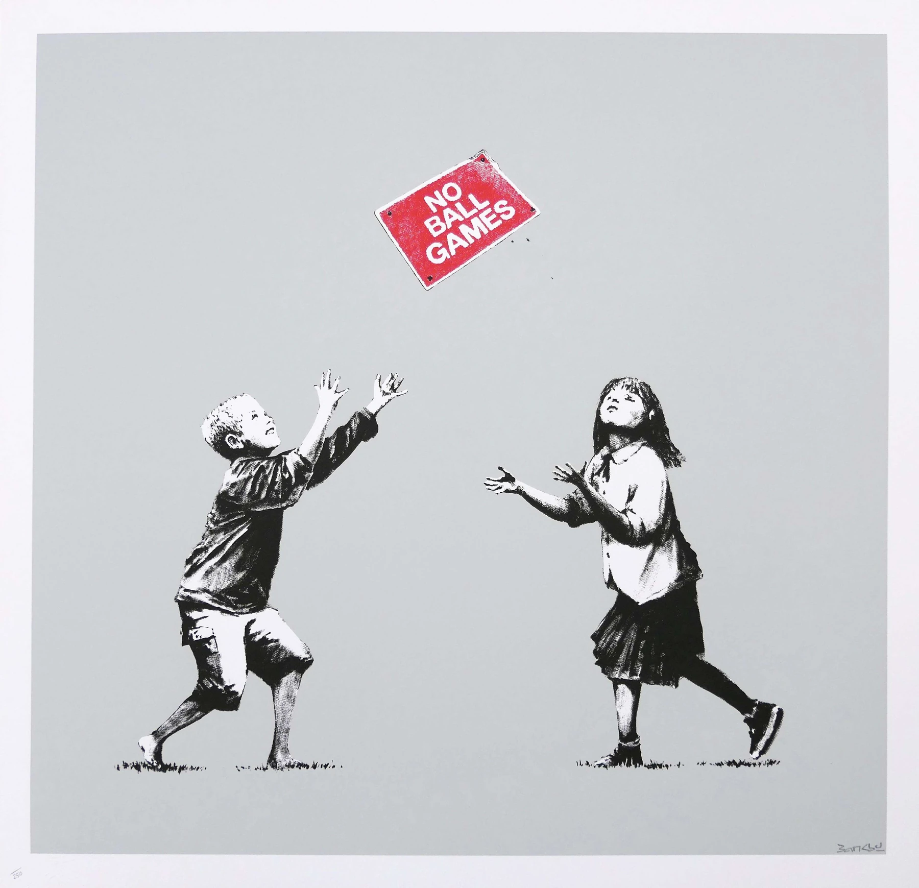 No Ball Games Grey by Banksy: two children toss a red No Ball Games sign against a grey background
