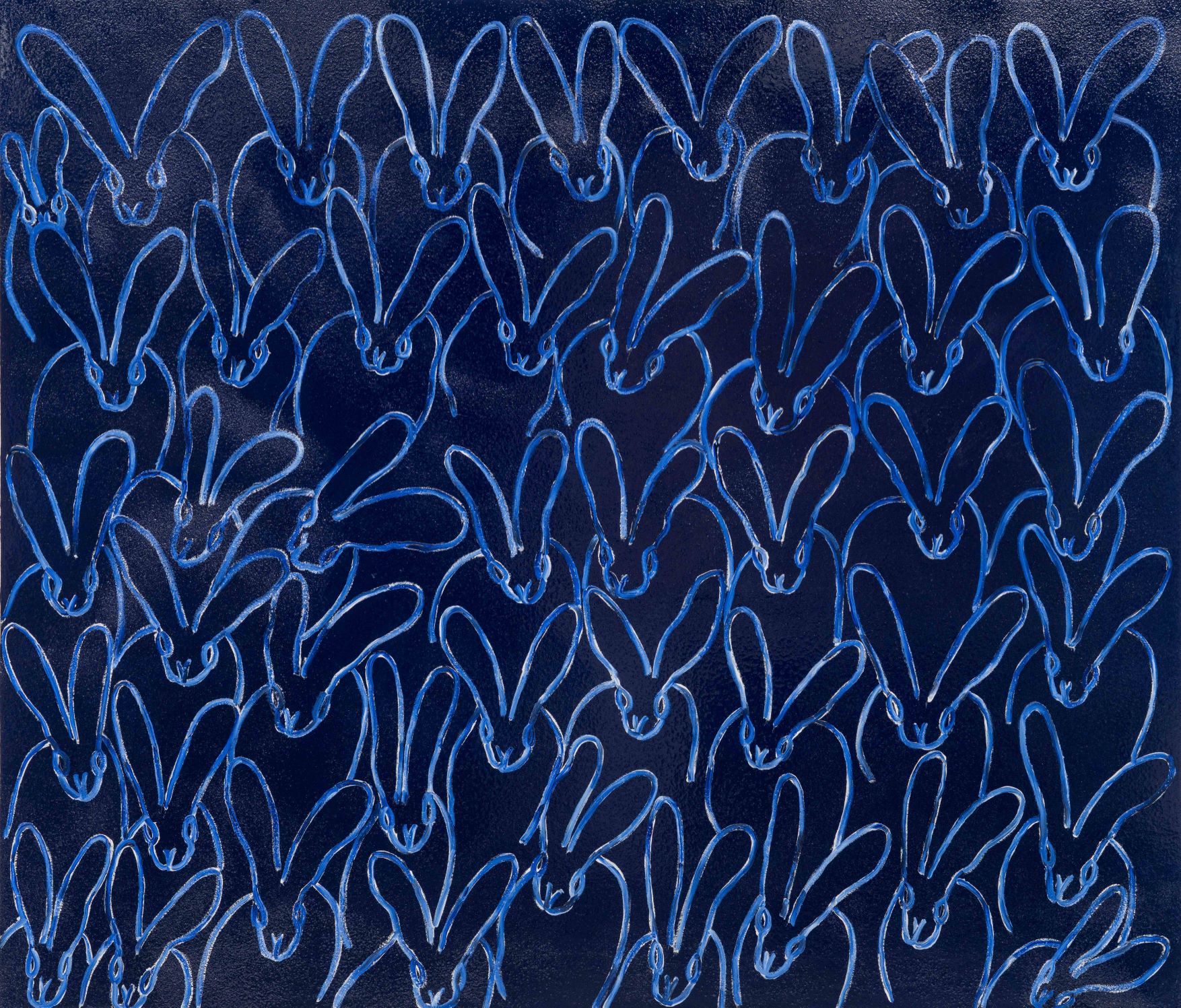 Blue Diamond Dust, a midnight blue Hunt Slonem rabbit painting with sparkling silver-blue pigment