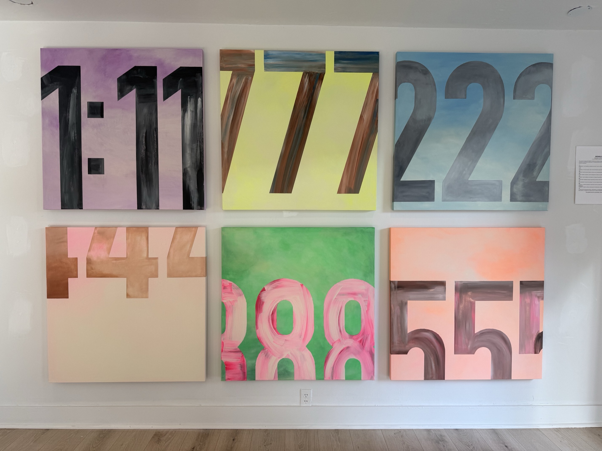 Signal Collection installation view featuring 1:11, 777, 222, 444, 888, and 555 by M. Croul