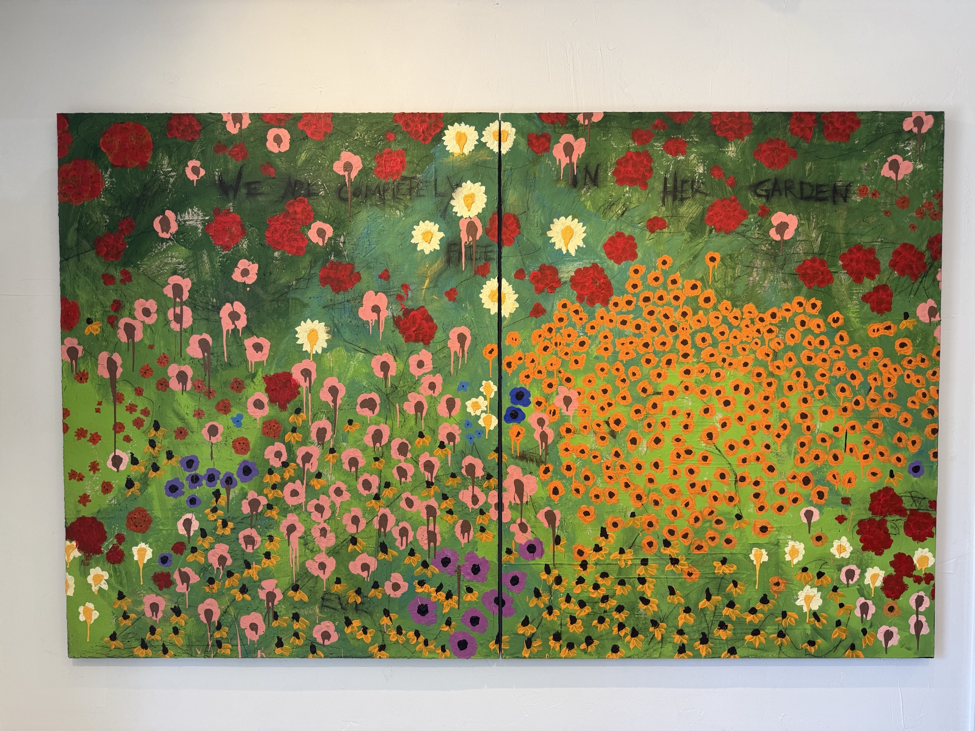 We Are All Free in Her Garden — a vibrant two-panel floral painting by M. Croul