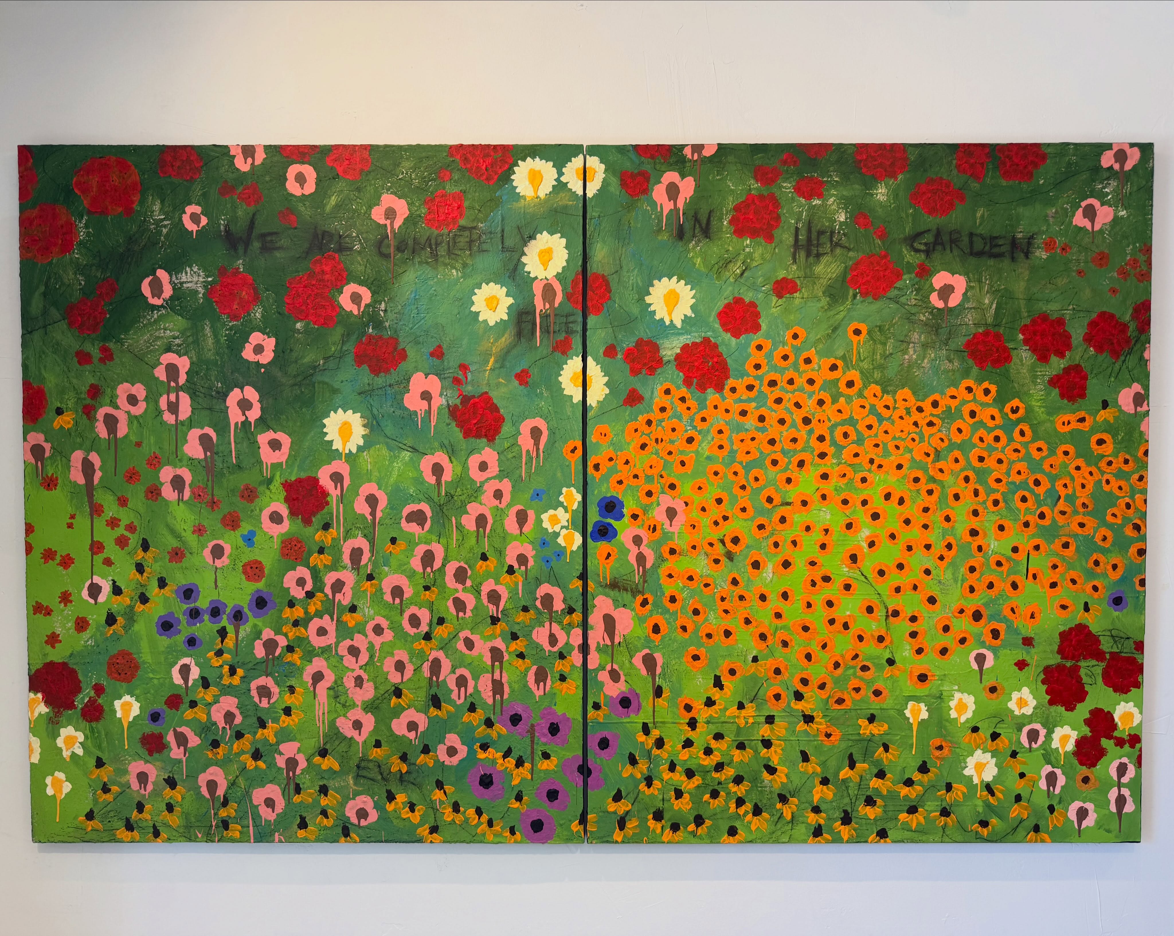 We Are All Free in Her Garden — a vibrant two-panel floral painting by M. Croul