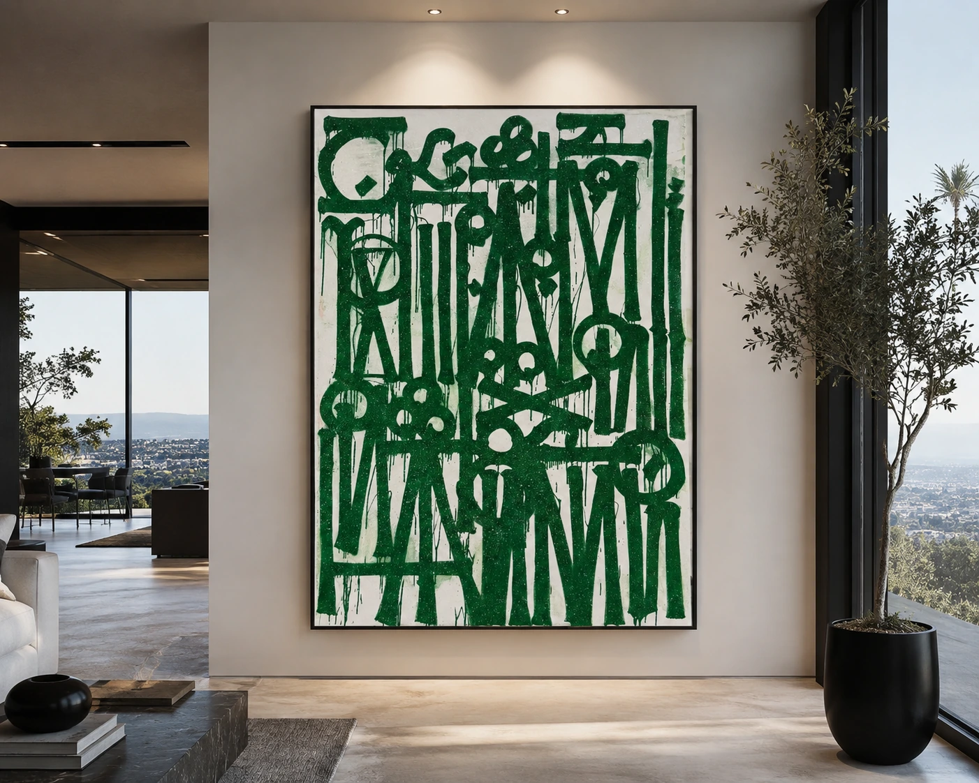 RETNA, Green Goddess, 2025 — green calligraphic forms on a pale ground, shown framed in an interior